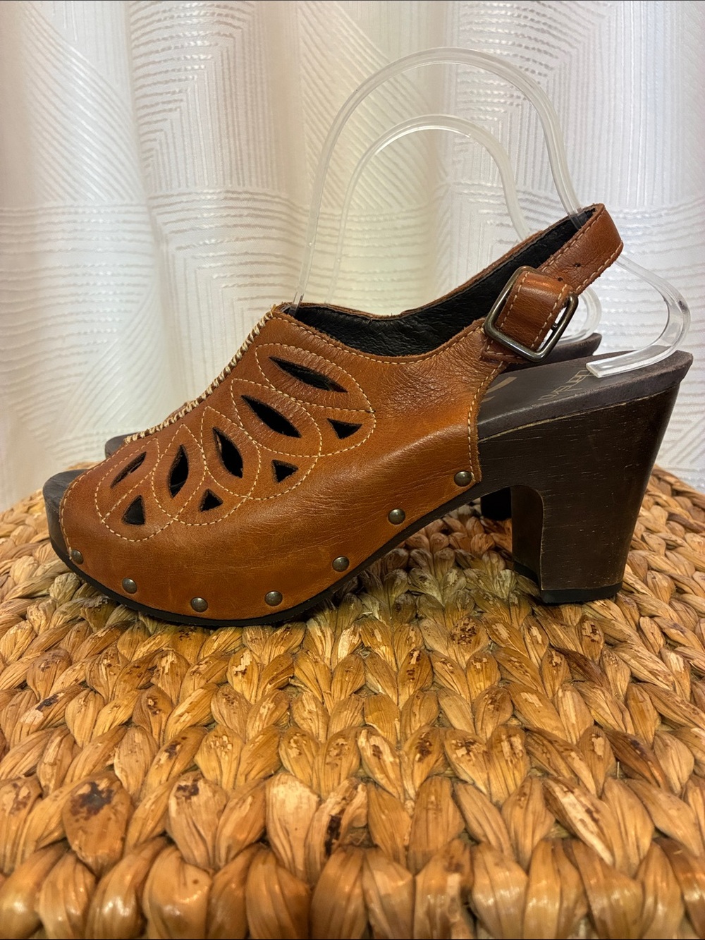 Dansko Cognac Leather Cutout Slingback Clogs with Block Heel